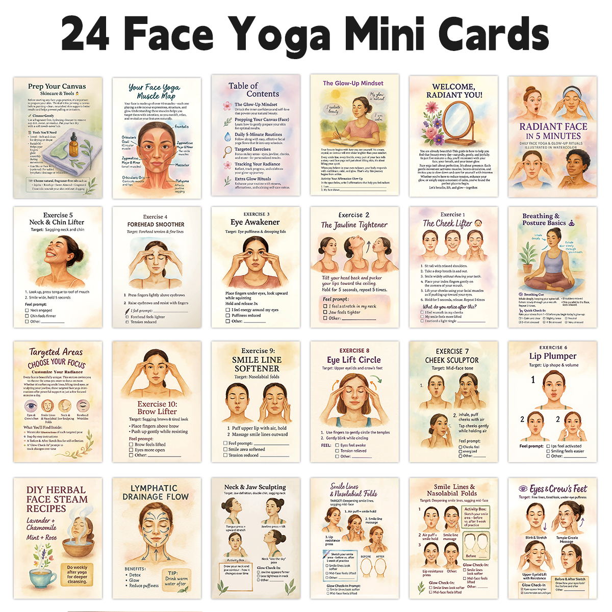 Health Wellness Card - 24pcs Radiant Face Yoga Cards,Pocket Guide